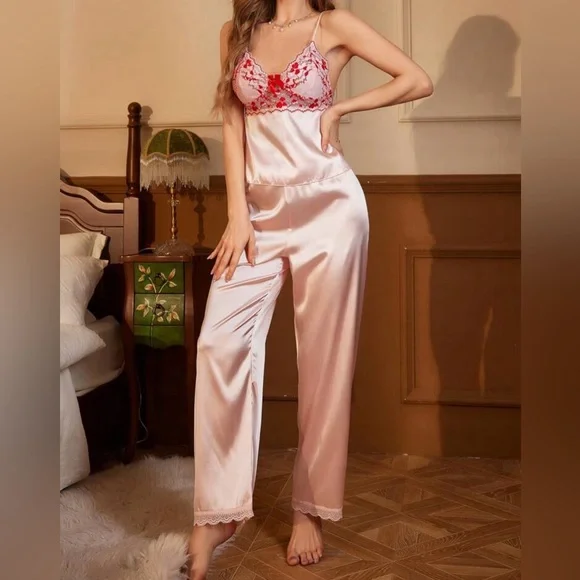 Sunday Soft Women’s Embroidery Silky Luxurious Pink Pajama Set - Picture 2 of 7